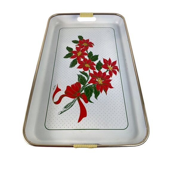 Vintage Christmas Lacquerware Serving Tray Set 2 Piece Japan Red Poinsettia - Picture 2 of 14